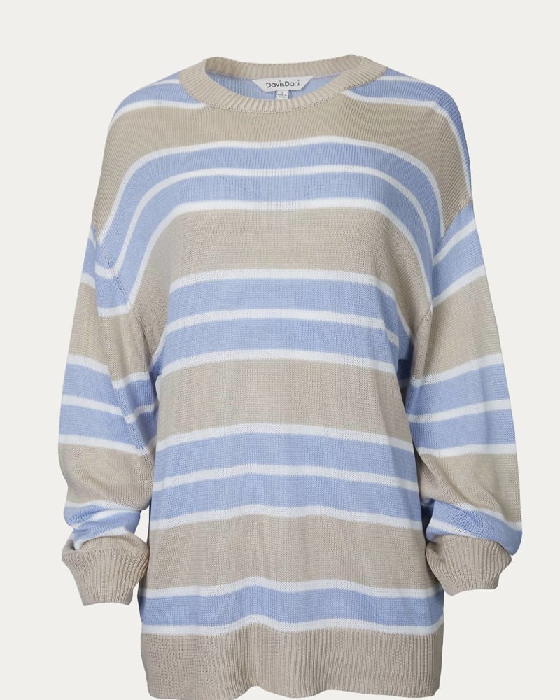 Front of a size L Striped Oversized Sweater in Taupe in Taupe by J.NNA. | dia_product_style_image_id:339939